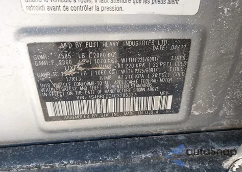 2012 Subaru Outback 2.5I Premium z USA, uszkodzony, nr VIN 4S4BRCCC4C3285337